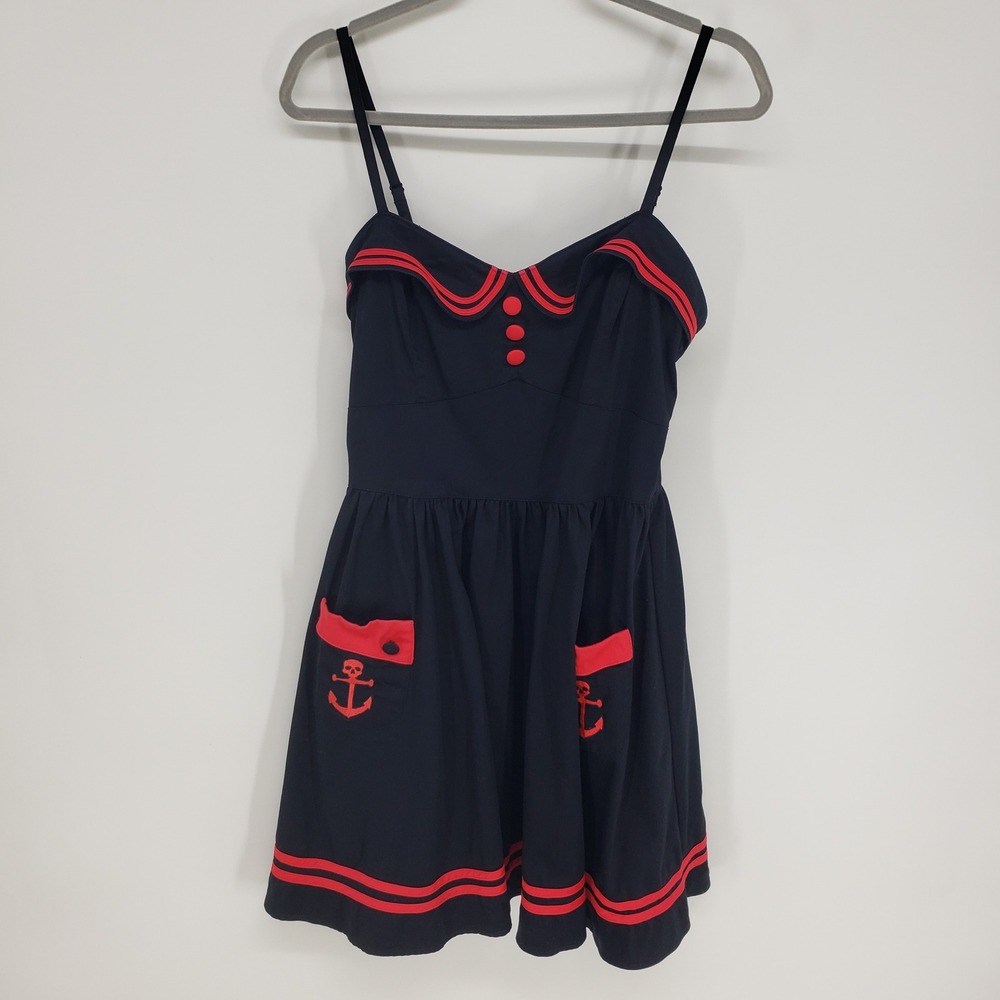 Hell Bunny Nautical Sailor Mini Dress Sz L Fit & Flare Black Skull Anchor Pinup